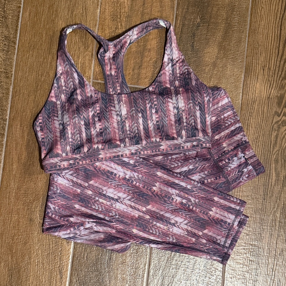 Fabletics Purple and Pink Patterned Leggings and Bra Set